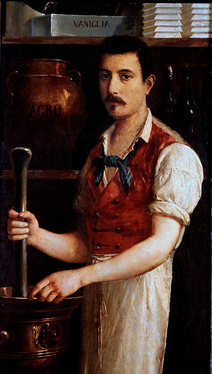 A fabricação artesanal de chocolate As sementes de cacau são moídas. A pintura anónima de um sinal. 1875-1900 Milão, museo di Milano de Italian School
