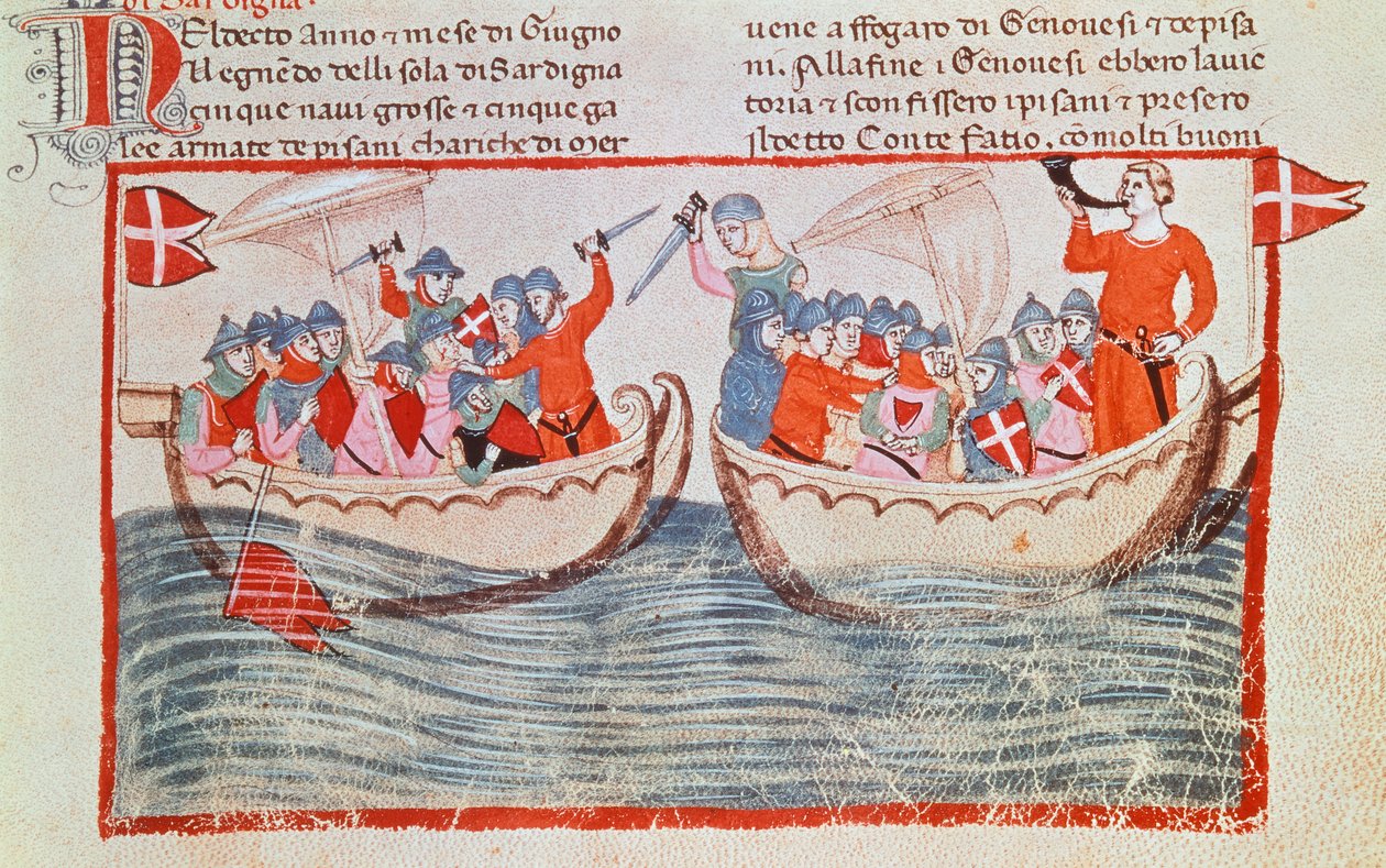 A batalha de Meloria, miniatura das Novas Crônicas de Giovanni Villani, Itália do século XIV. de Italian School
