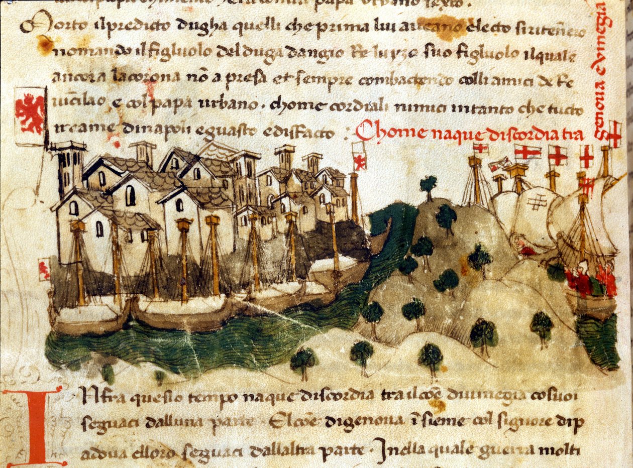 O início da Guerra de Chioggia entre Génova e Veneza. Crónicas de Sercambi. Arquivo Nacional, Lucca. de Italian School