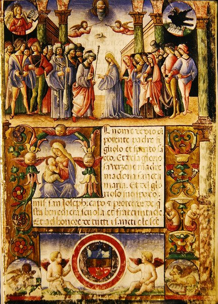 O noivado da Virgem, de uma Mariegola da guilda leiga de São José e São Silvestre, 1315 (tinta sobre velino) de Italian School
