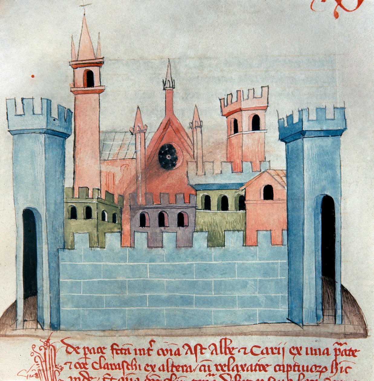A cidade de Cherasco (Querasque) na província de Coni em Piemont na Itália. Igreja e muralha e torre de fortificação da cidade medieval. Página do Codex Astensis ou Malabayla. Miniatura do século XIII. Asti, Archivio Storico Comunale. de Italian School