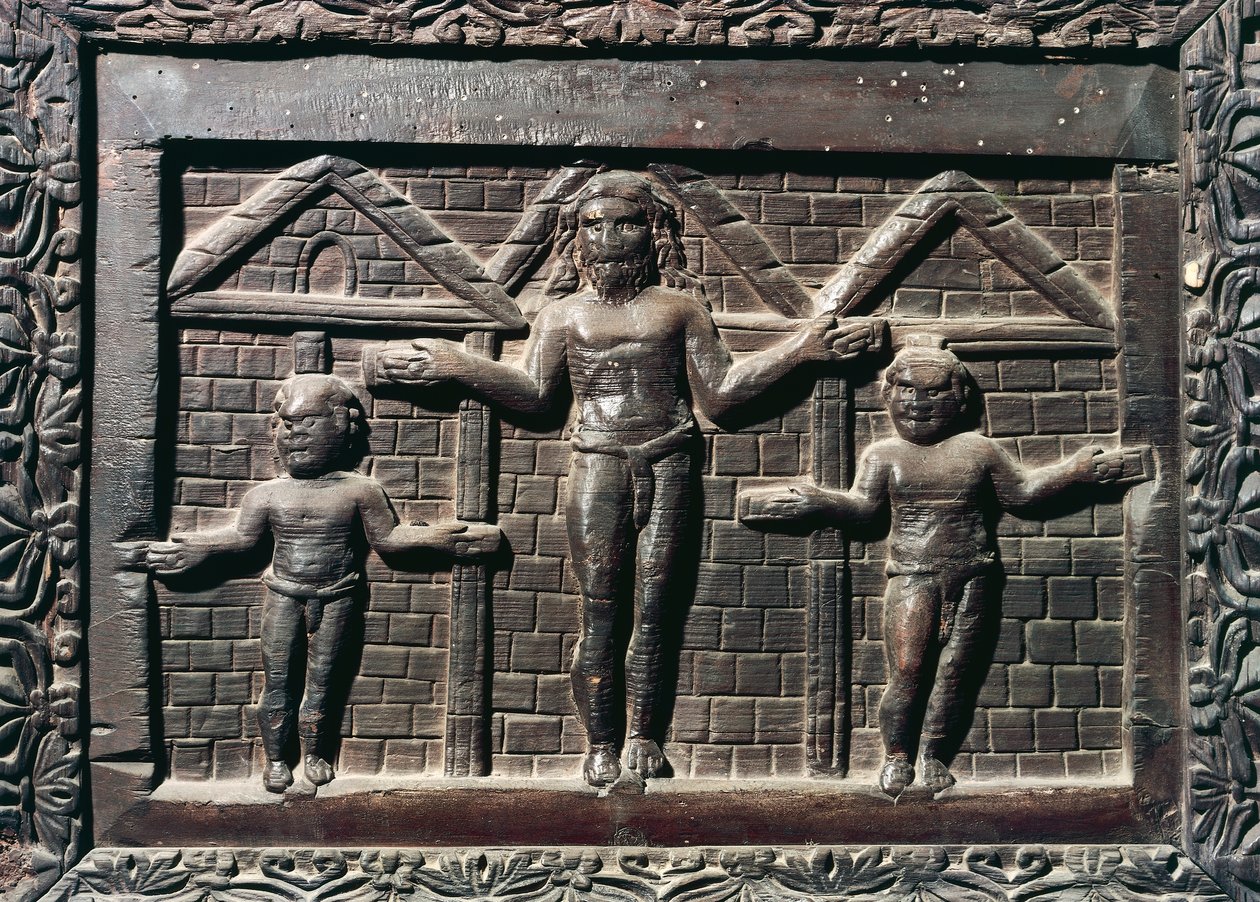 A crucificação de Cristo, azulejo da entrada principal de madeira de cipreste, Basílica de Santa Sabina, Roma, Lazio, Itália, século V de Italian School