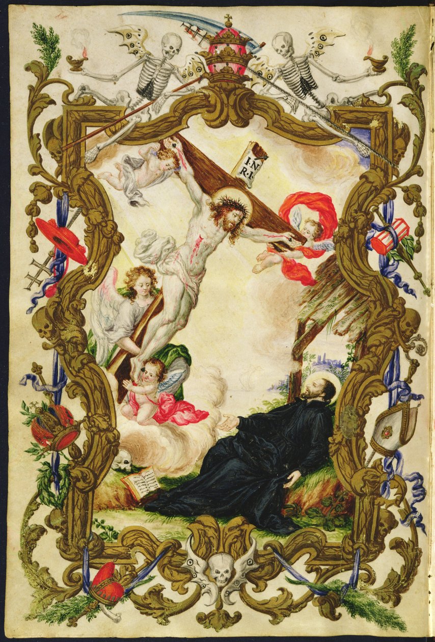 A morte dos religiosos, de uma Mariegola da guilda leiga da Buona Morte, c.1712-14 (tinta aveludada) de Italian School