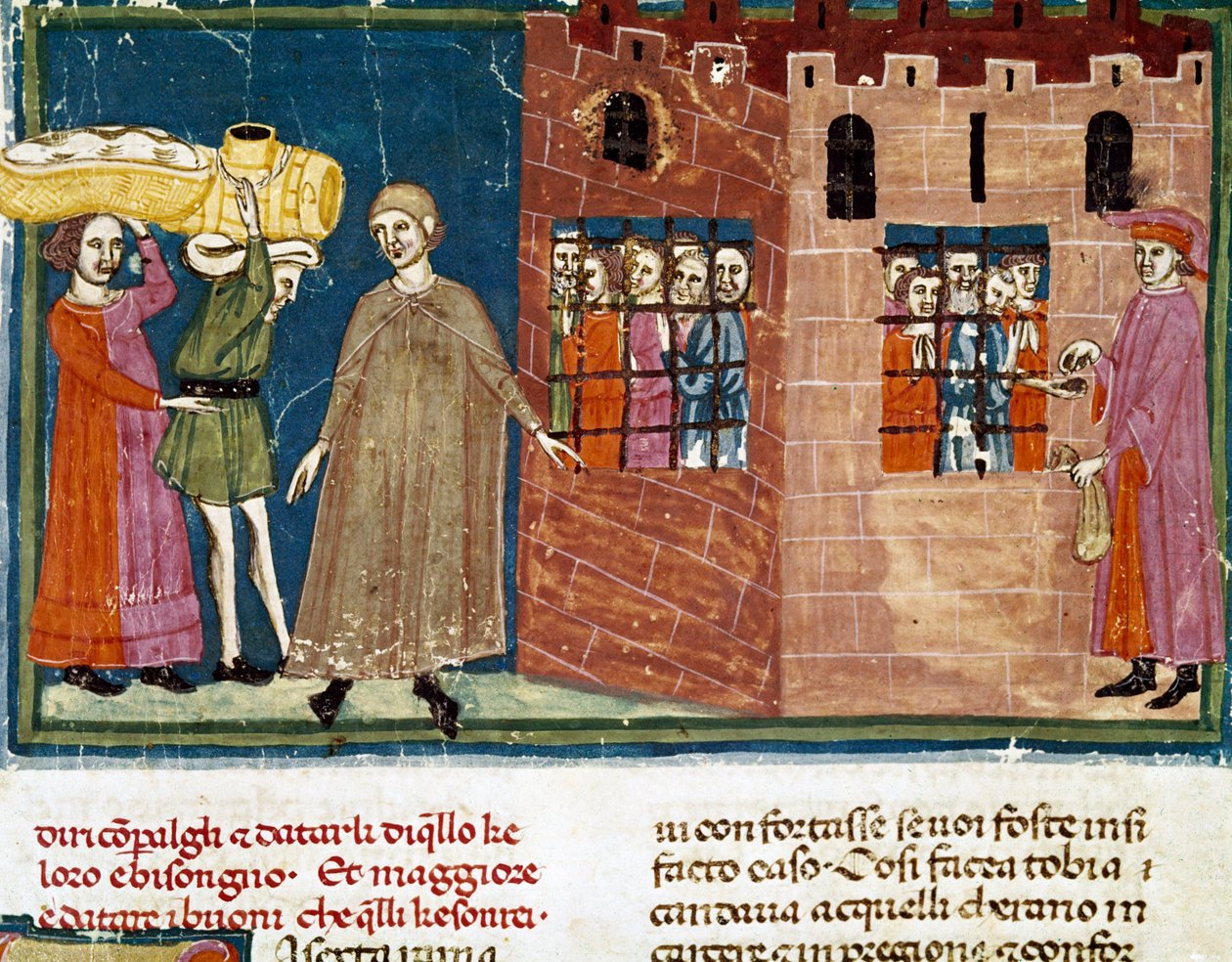 A distribuição de refeições aos prisioneiros Miniatura da escola Florentine retirada de uma edição de extensão do "Pater noster" de Ser Zucchero Bencivenni (MS.II.VI 16) início do século XIV Florença, biblioteca nacional de Italian School