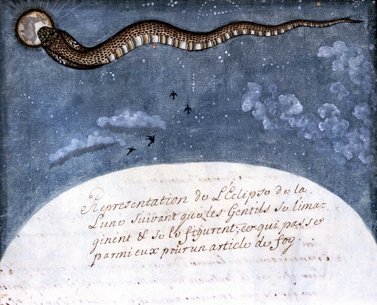 O eclipse da lua imaginado pelos índios Mogol (uma cobra devorando a lua) Página retirada do manuscrito (ms.8300) "História dos Mogol" (Moghul ou Moghol) de Stefano Nivibus Cardeira. Século XVIII. Bibloteca marciana, Veneza de Italian School