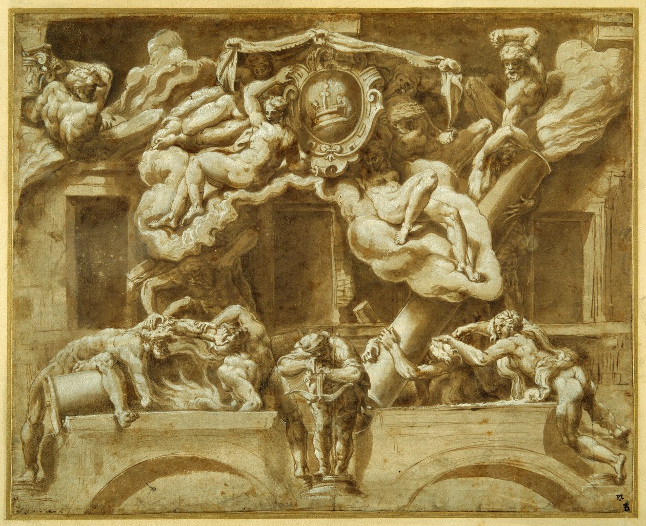 A fachada da Casa Orsi, depois do Lelio Orsi (caneta e tinta castanha com lavagem castanha e altura) de Italian School