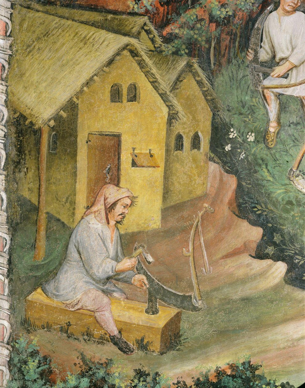 O agricultor prepara a foice para o feno (fresco) de Italian School