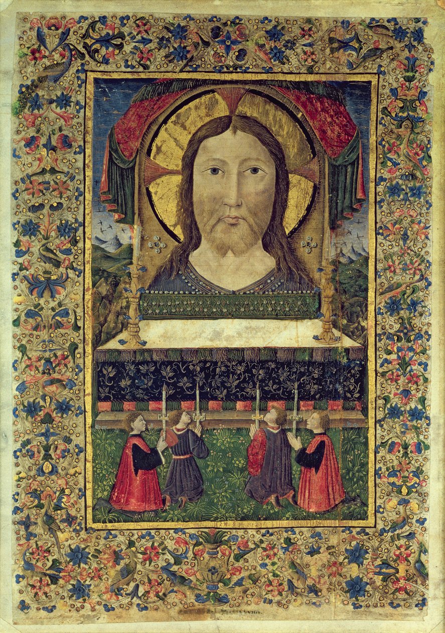 Os quatro guardas da Arciconfraternita del SS. Salvatore ajoelhado diante da face de Cristo (velino) de Italian School