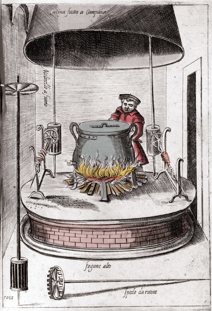 A cozinha debaixo de uma campainha. Gravura de "Ópera", livro sobre gastronomia dividido em 6 partes, de Bartolomeo Scappi, cozinheiro pessoal do Papa Pio V. Veneza. de Italian School