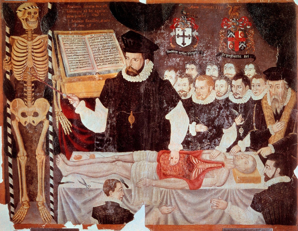A palestra de anatomia dada por John Banister (1533-1610) no Barber Surgeons Hall em 1548 Frontispice pintura de "De re anatonomica" de Matteo Realdo Colombo (Renaldus Columbus) (1516-1559) 1580. Paris, B.N. - John Banister (1533-1610) dando uma anatómica  de Italian School
