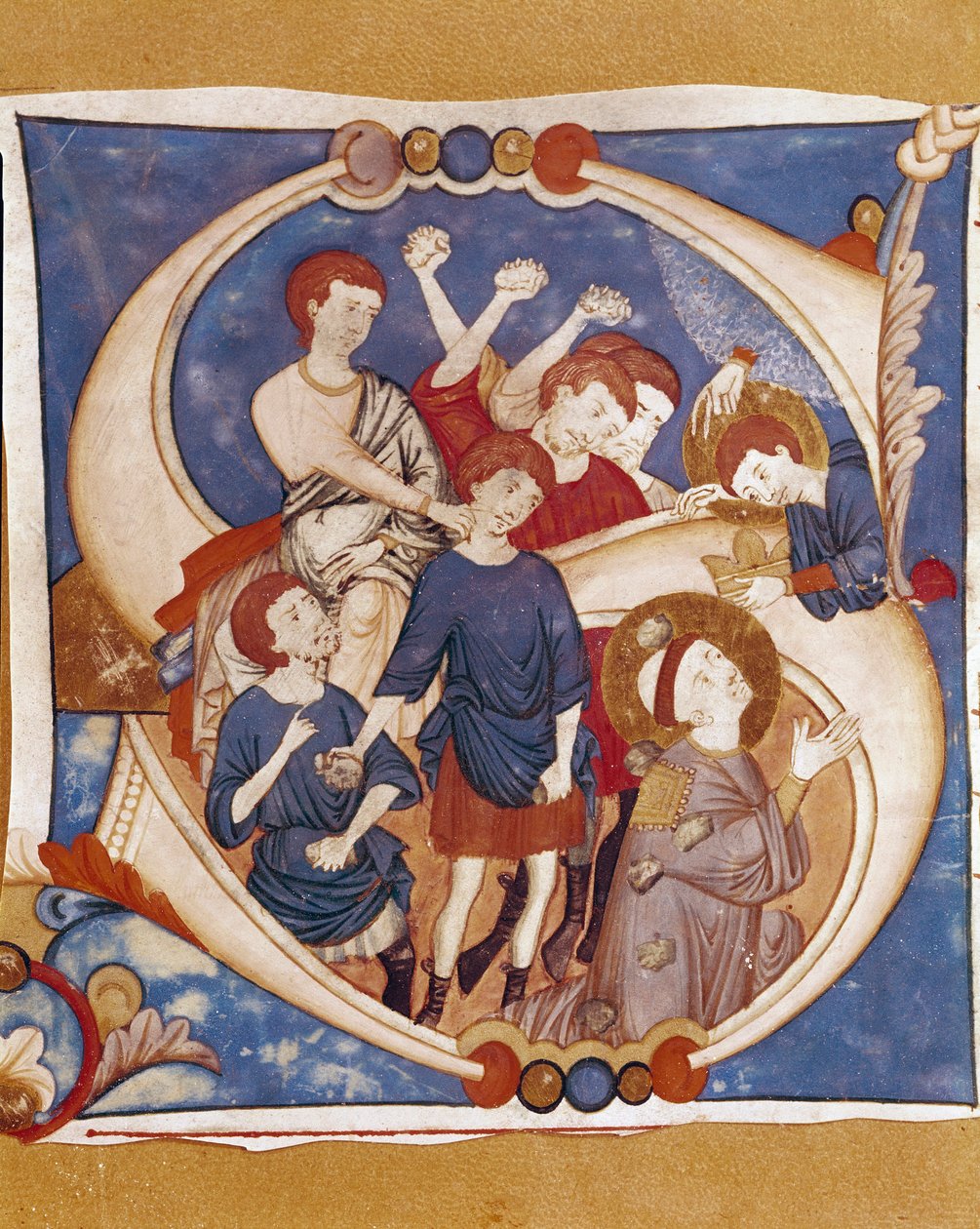 O mártir de Santo Estêvão (Stephane, Stefano) O apedrejamento do primeiro mártir cristão do século I. A lettrina iluminada de um manuscrito da escola da Umbria. Século XIV. Citta di Castello, Biblioteca Civica. de Italian School