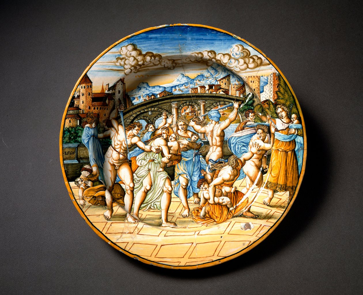 O massacre dos inocentes. Placa de cerâmica produzida em Urbino, na oficina Fontana, Itália. 1566 ao redor de Florença, Museo Nazionale del Bargello de Italian School