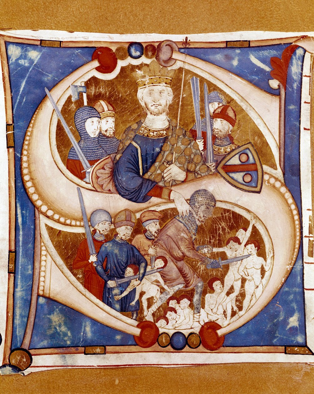 O massacre do inocente Rei Herodes I, o Grande (73-4 a.C.), é um representante que ordena o massacre dos novos (novos) de Belém. Lettrina iluminada de um manuscrito da escola da Umbria. Século XIV. Citta di Castello, Biblioteca Civ de Italian School