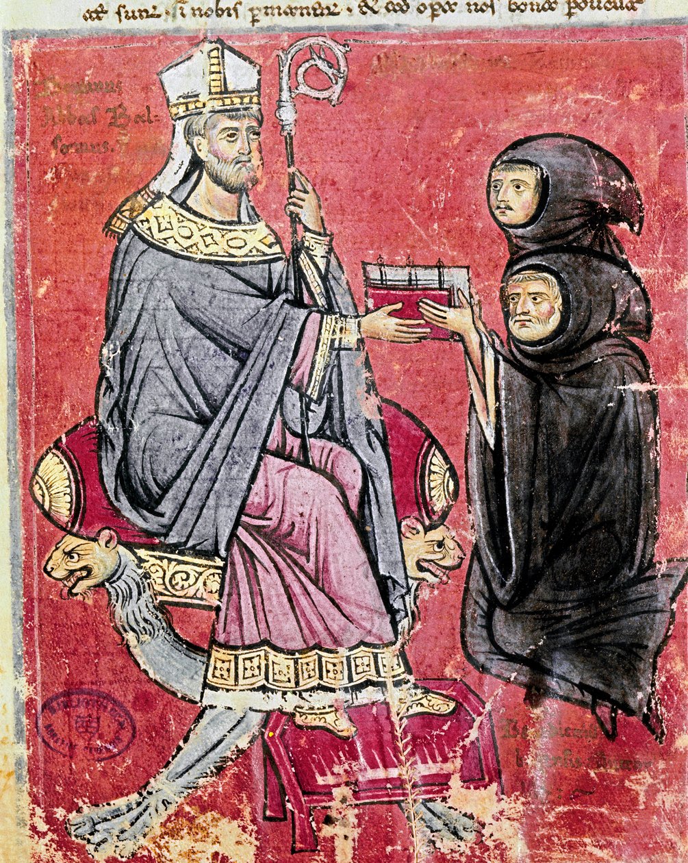 O monge Benedetto da Bari (representando jovens e velhos para indicar que a escrita de sua obra empregou toda a sua vida) entregou ao abade Balsamo (século XIII), líder da abadia beneditina de Cava de Tirreni, seu códice De Septem Sigillis no Re de Italian School