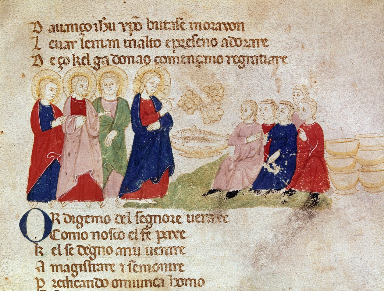 A multiplicação de pães e peixes Miniatura tirada de "Del novo e del vedre testamento" de Pietro da Barsegape (século XIII) Milão do século XIV, Biblioteca Braidense de Italian School
