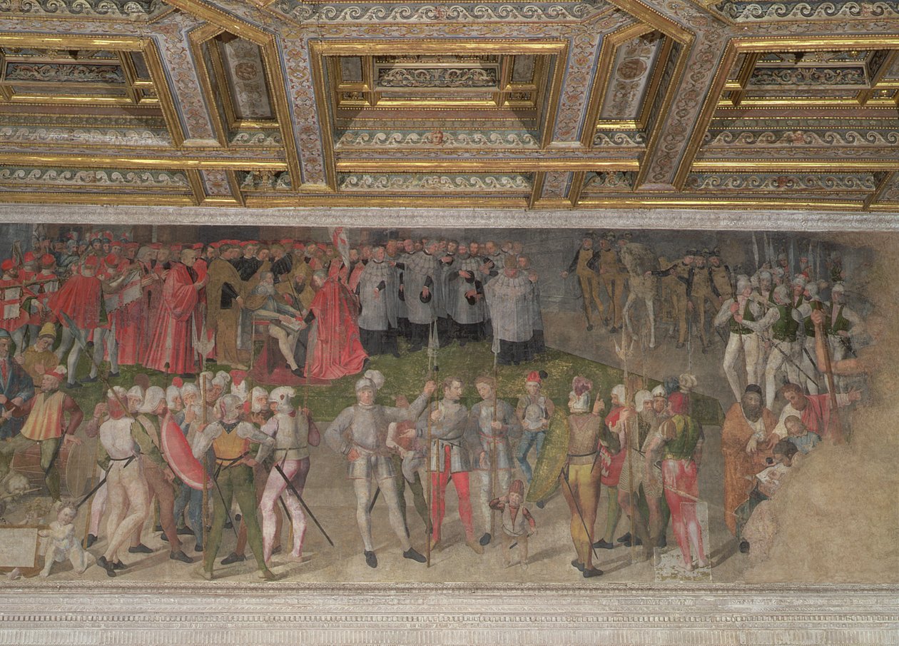 O juramento de lealdade ao primeiro capitão Luigi Gonzaga em 1328 (fresco) de Italian School