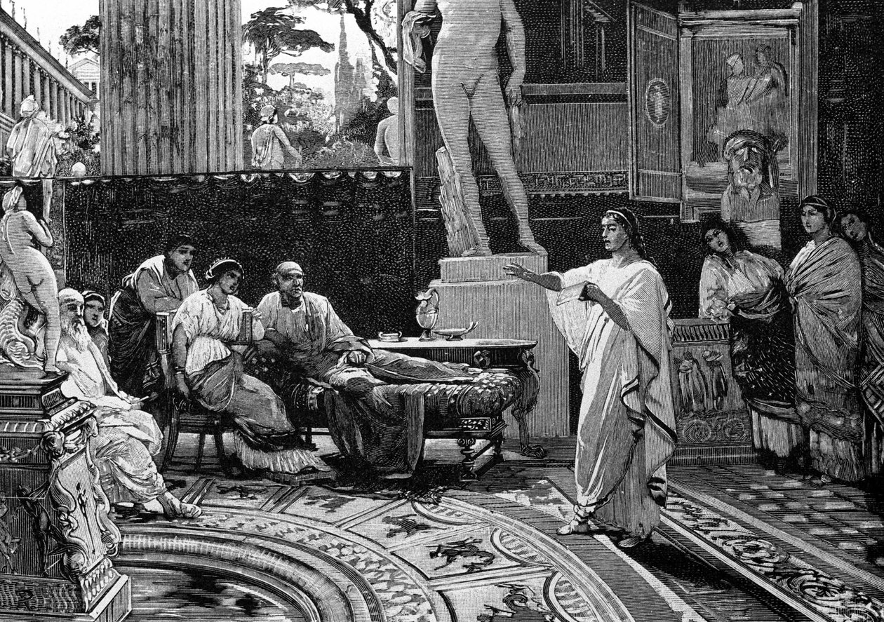 O poeta Virgílio (70 AC - 19 AC) reclama "A Eneida" para o cavaleiro romano Mecaen. Ilustração de Francesco Pogliaghi, "Storia d