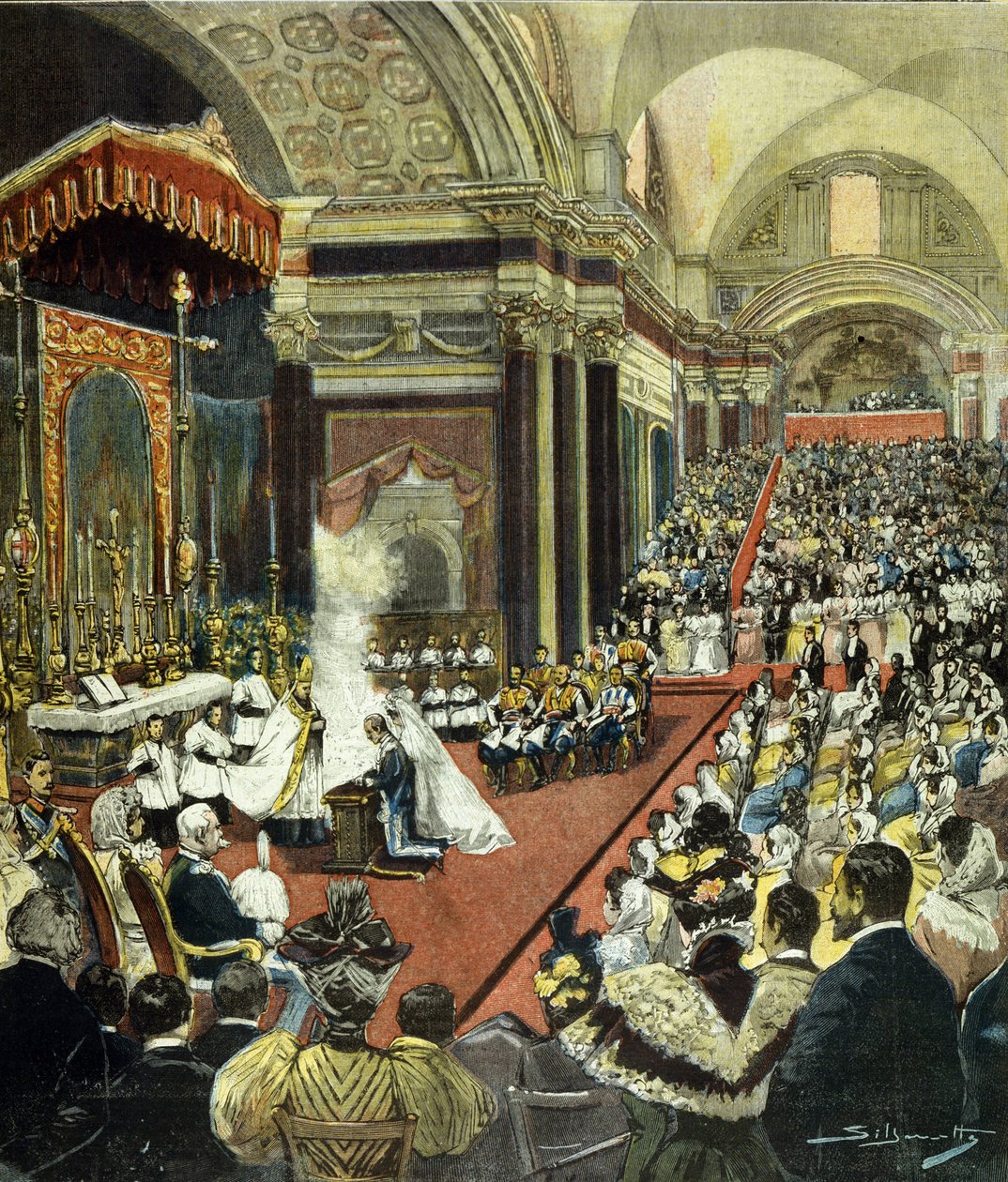 O casamento religioso daquele que se tornará Rei Victor Emmanuel III (Victor-Emmanuel) (Vittorio Emanuele) com a Princesa Helena de Montenegro na Igreja de Santa Maria degli Angeli, em Roma, em 1896. de Italian School