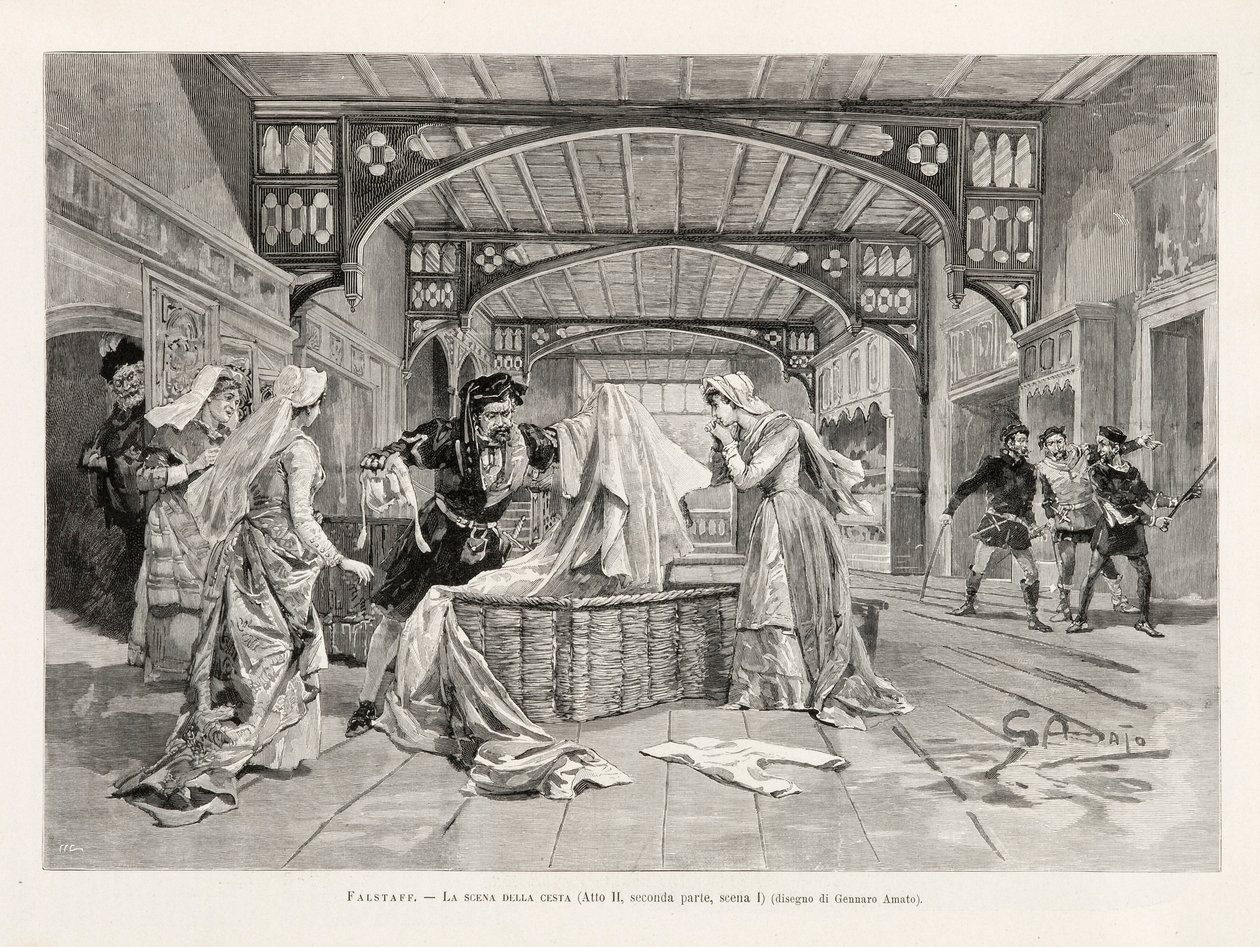 A cena da cesta (Ato II, Parte Dois, Cena I) da ópera Giuseppe Verdis Falstaff, da LIllustrazione Italiana, XX, nº 8, 19 de fevereiro de 1893 de Italian School