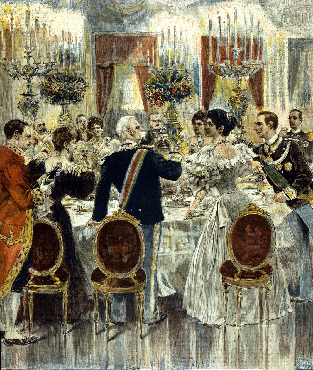 O banquete de casamento das noivas Victor Emmanuel III (Victor-Emmanuel) (Vittorio Emanuele) e Helene de Montenegro é realizado no Palácio Quirinale, em Roma. 1896. de Italian School