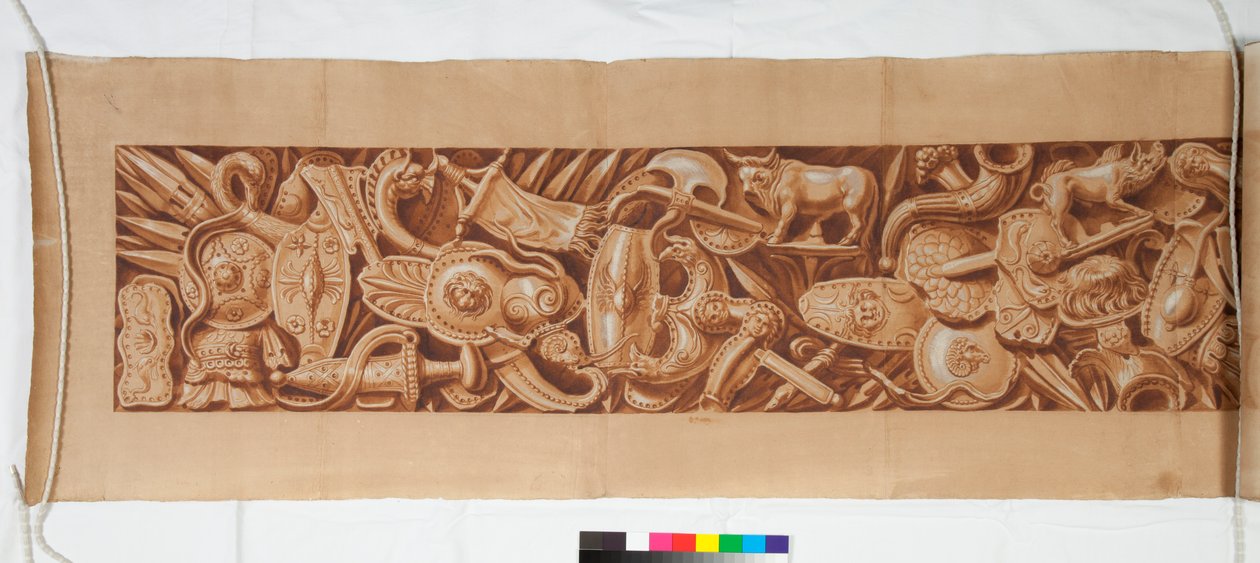 Três desenhos depois da antiguidade, c.1750 (desenho de pincel realçado em marrom manchado sobre indicação tênue em giz preto) de Italian School