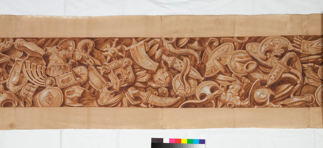 Três desenhos depois da antiguidade, c.1750 (desenho de pincel realçado em marrom manchado sobre indicação tênue em giz preto) de Italian School