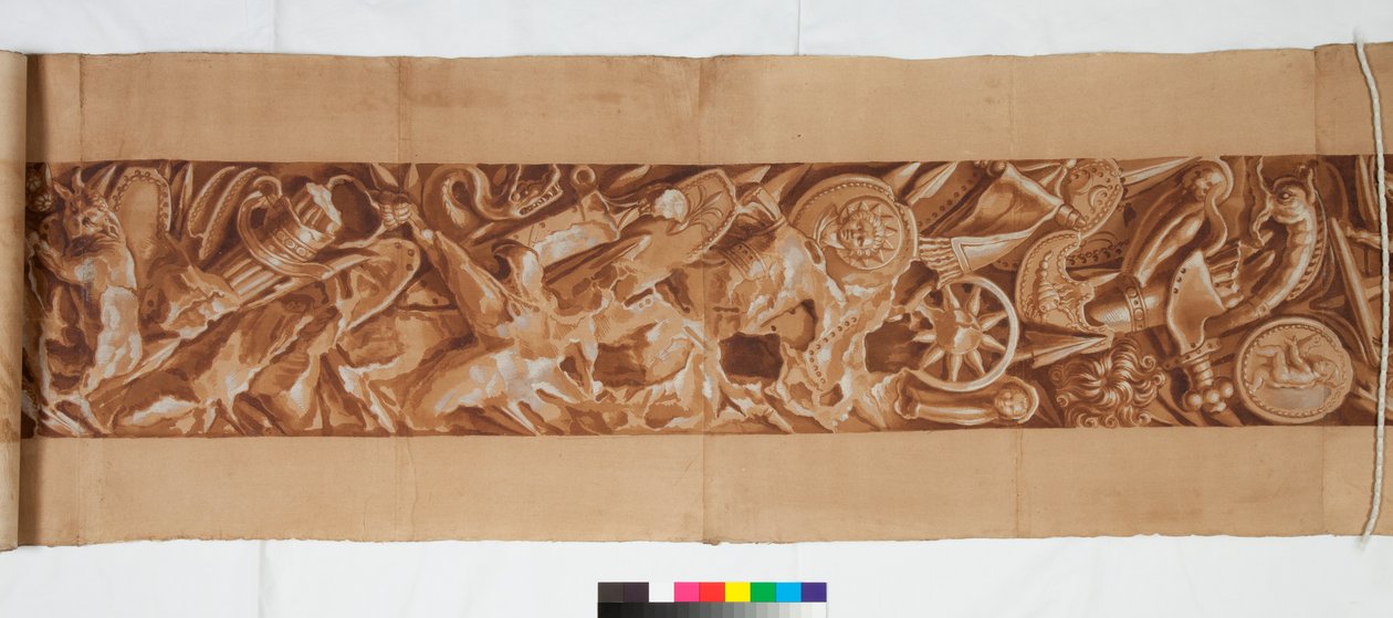 Três desenhos depois da antiguidade, c.1750 (desenho de pincel realçado em marrom manchado sobre indicação tênue em giz preto) de Italian School
