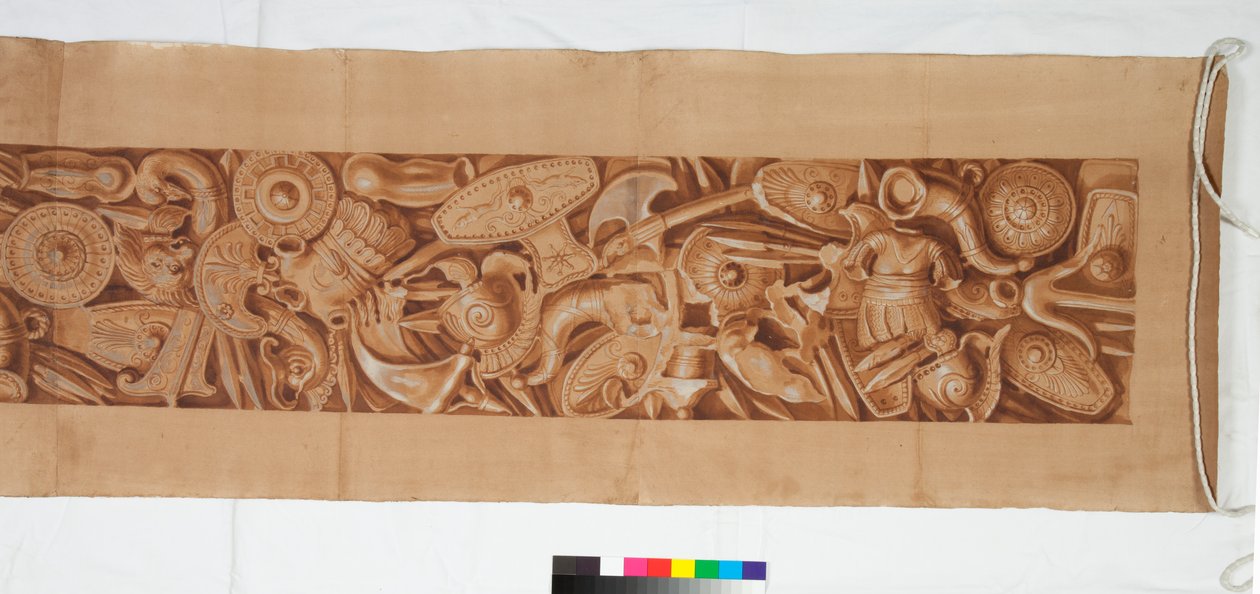 Três desenhos depois da antiguidade, c.1750 (desenho de pincel realçado em marrom manchado sobre indicação tênue em giz preto) de Italian School