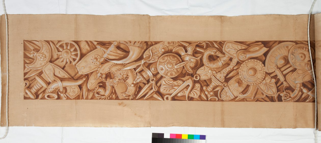 Três desenhos depois da antiguidade, c.1750 (desenho de pincel realçado em marrom manchado sobre indicação tênue em giz preto) de Italian School