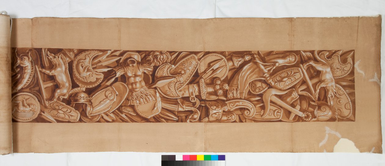 Três desenhos depois da antiguidade, c.1750 (desenho de pincel realçado em marrom manchado sobre indicação tênue em giz preto) de Italian School
