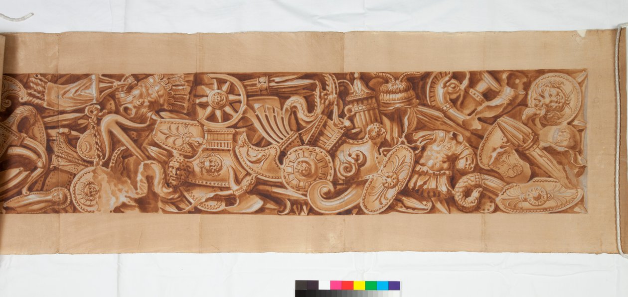 Três desenhos depois da antiguidade, c.1750 (desenho de pincel realçado em marrom manchado sobre indicação tênue em giz preto) de Italian School