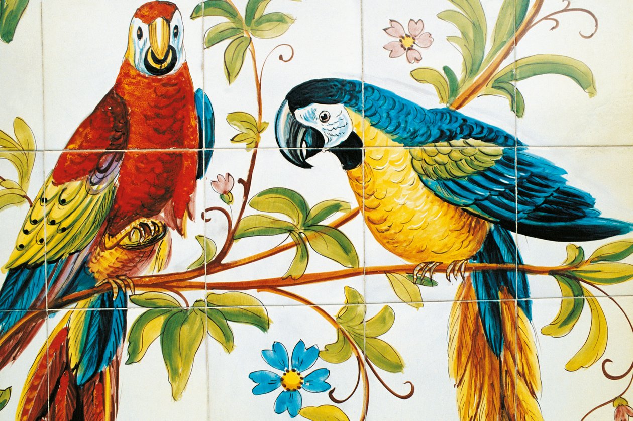 Painel de azulejos representando papagaios, produção Vietri sul Mare, Itália, século XX de Italian School