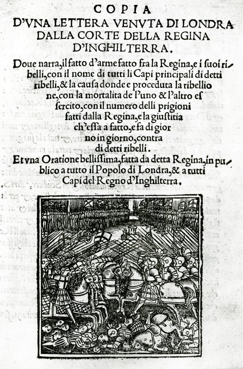 Página de rosto para uma cópia de uma carta enviada da corte da rainha da Inglaterra (xilogravura e impressão tipográfica) de Italian School