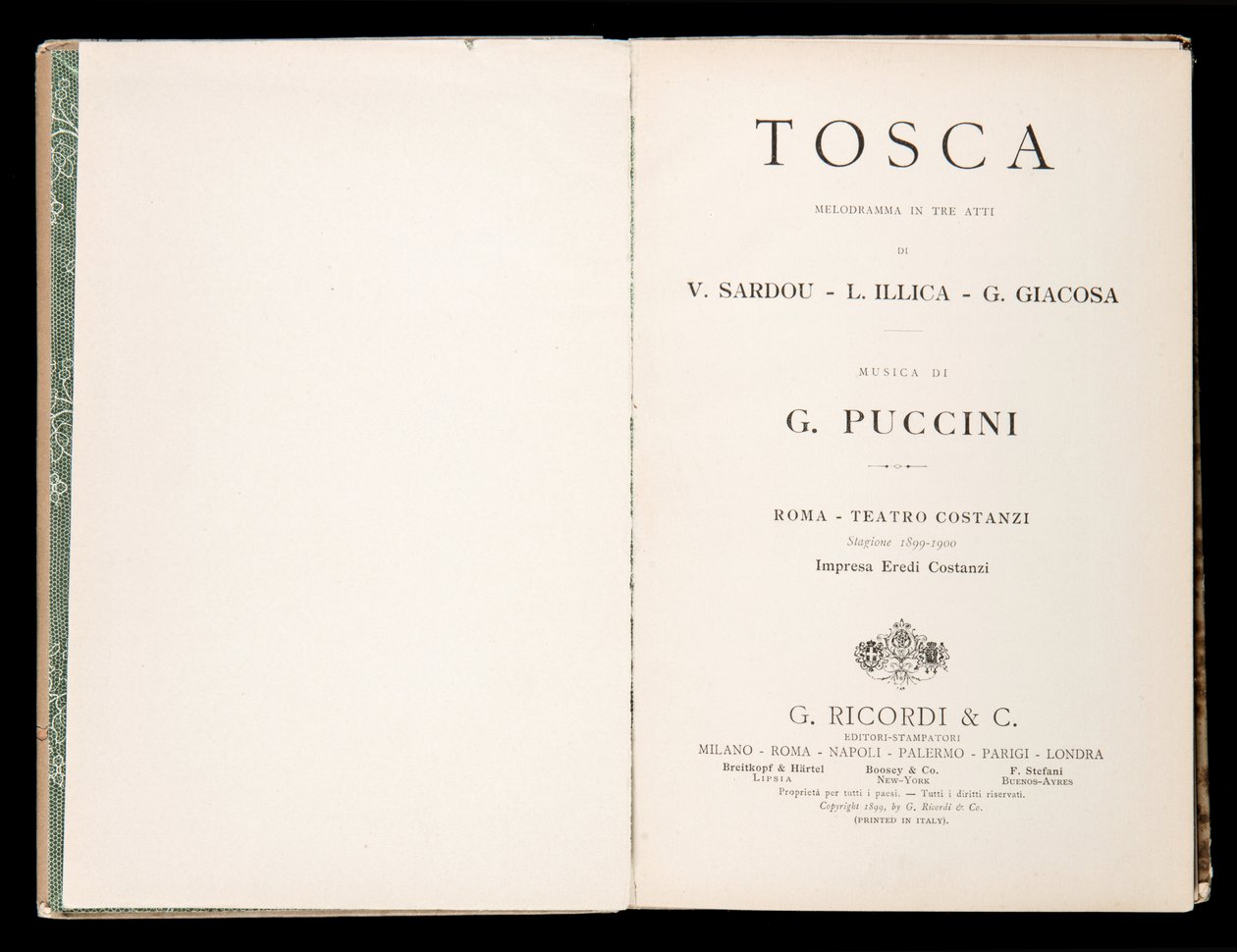 Página de rosto, Libretto della Tosca, de Giacomo Puccini, Edizione Ricordi, Itália de Italian School