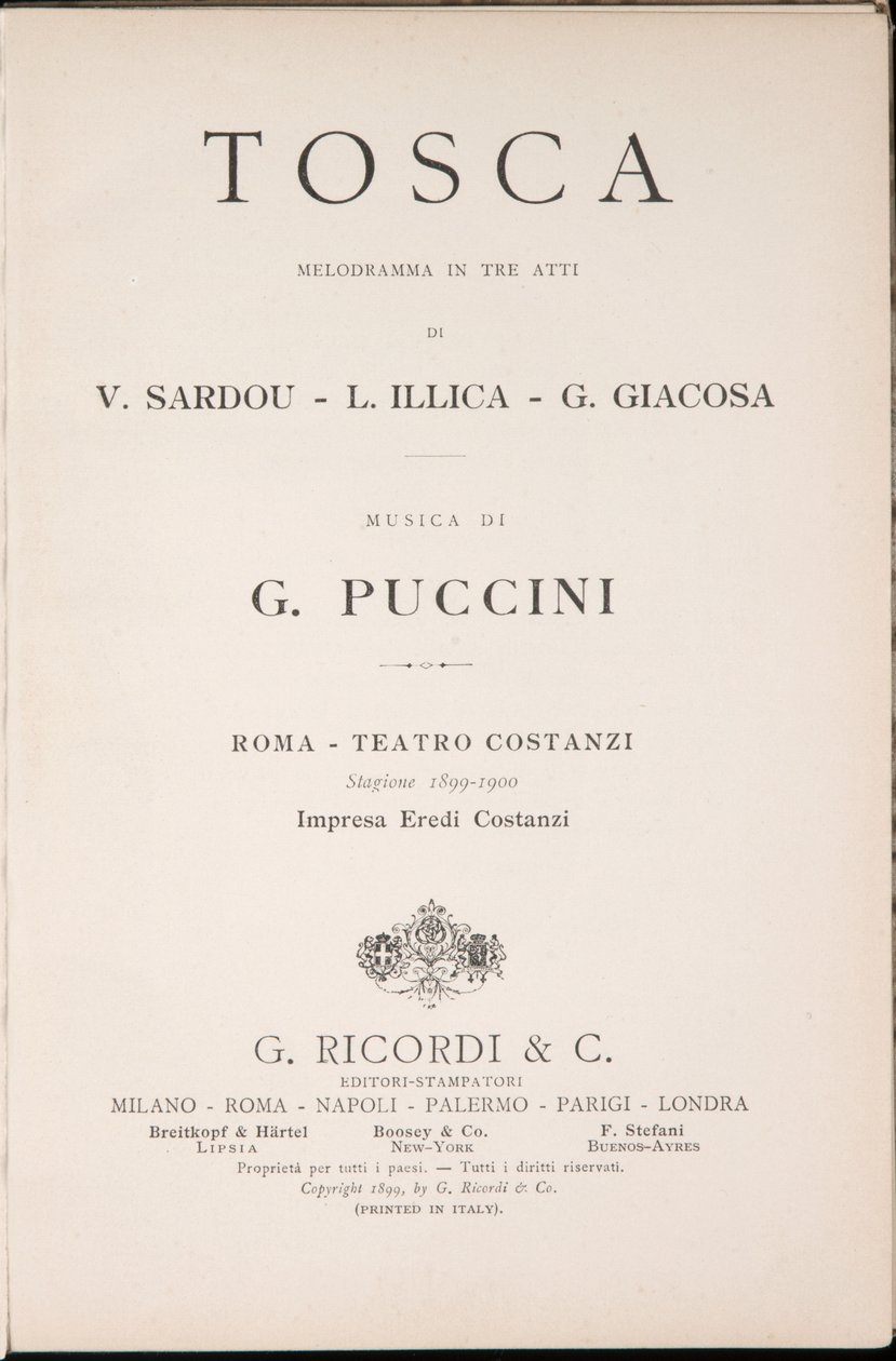 Página de rosto, Libretto della Tosca, de Giacomo Puccini, Edizione Ricordi, Itália de Italian School