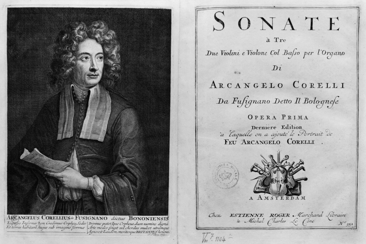 Titlepage of Sonate a Tre com um retrato de Arcangelo Corelli (1653-1713) de Italian School