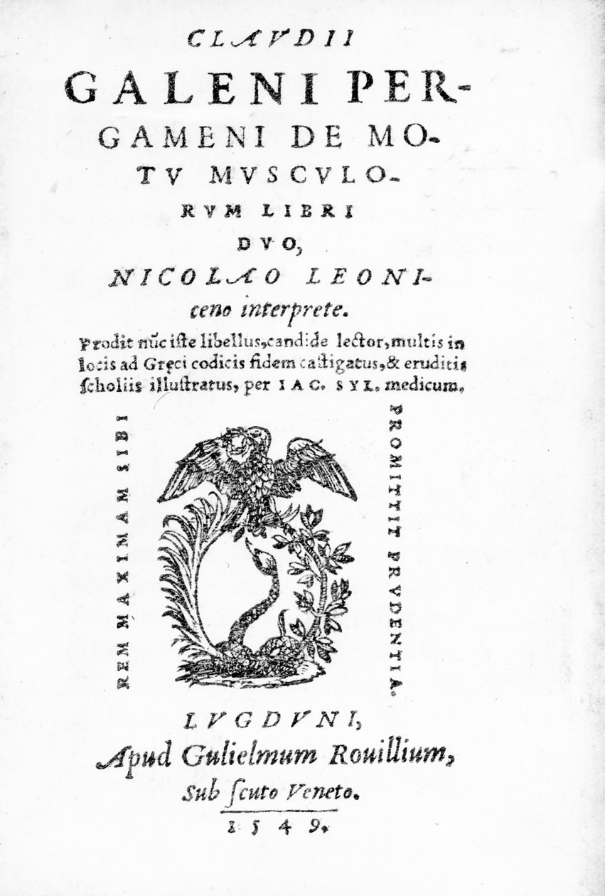Galen de Pergamon índice para o movimento dos músculos do livro, uma coleção de obras de Claude Galen, publicado em 1549 (impressão) de Italian School