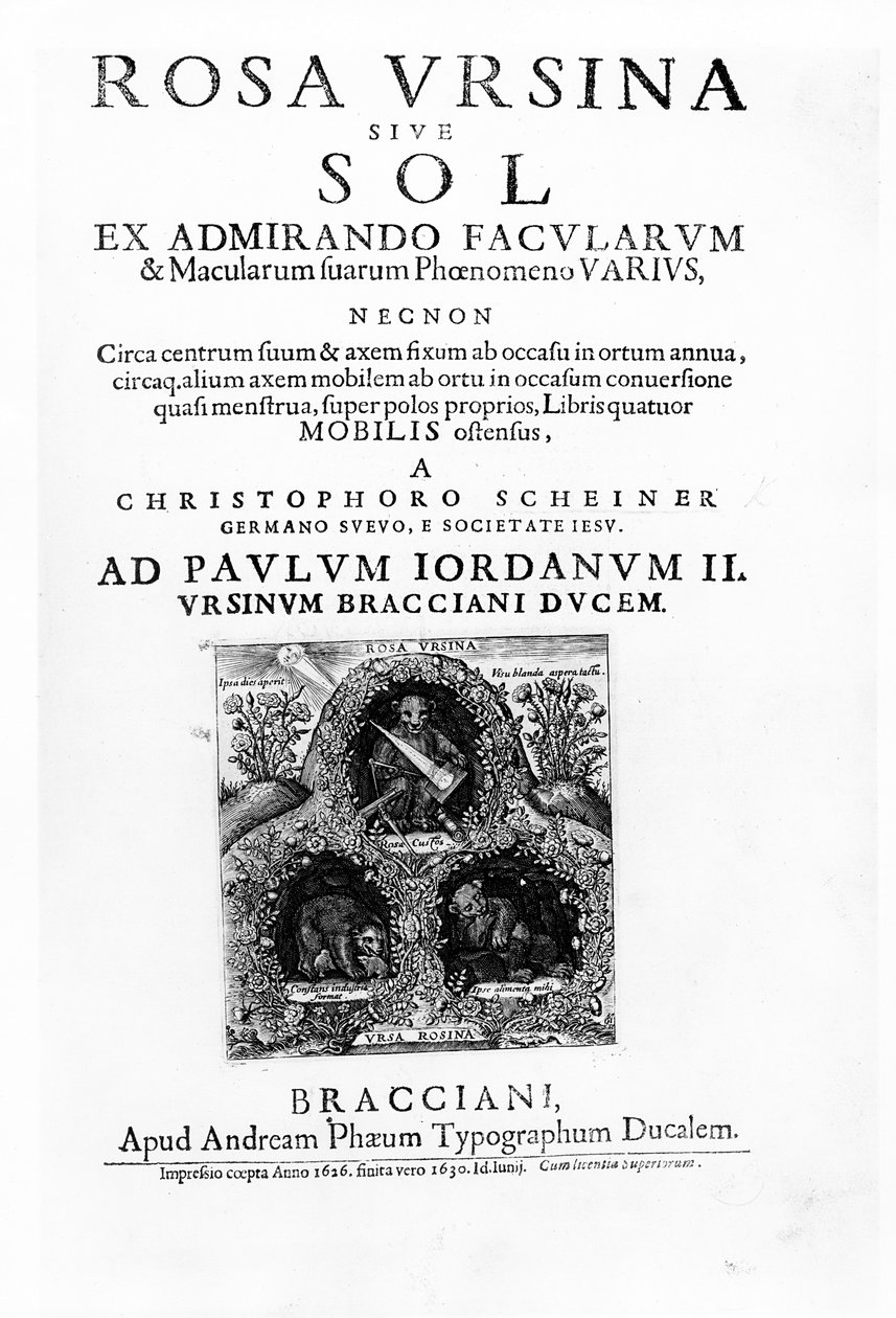Página de título para Rosa Ursina sive Sol de Christoph Scheiner, publicada em 1630 (impressão) de Italian School