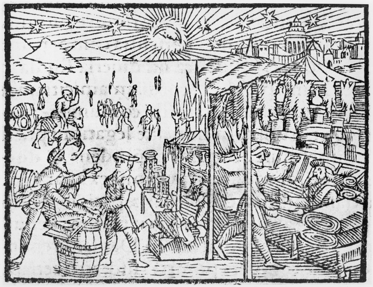 Comércio na Escandinávia, a partir de uma história dos povos do Norte por Olaus Magnus (1490-1558), publicado em Roma, 1555 de Italian School