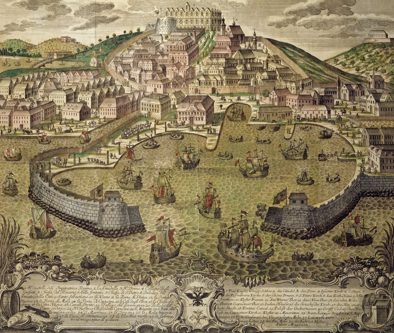 Cidade de Trieste e seu porto livre, gravura colorida, Itália de Italian School
