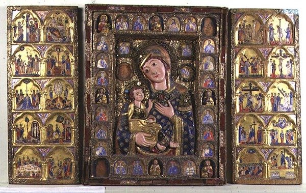 Tríptico da Madonna e da Criança com Evangelistas, Profetas e cenas da Vida de Cristo (madeira, filigrana de prata e esmalte) de Italian School