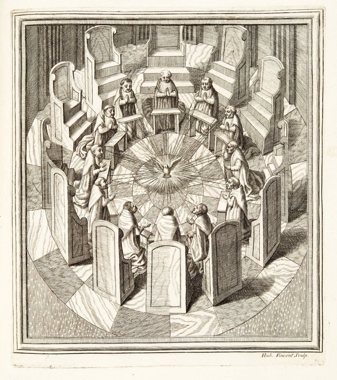 Doze Juízes da Rota orando em uma sala circular ao redor do Espírito Santo, pub. 1717 (gravura) de Italian School