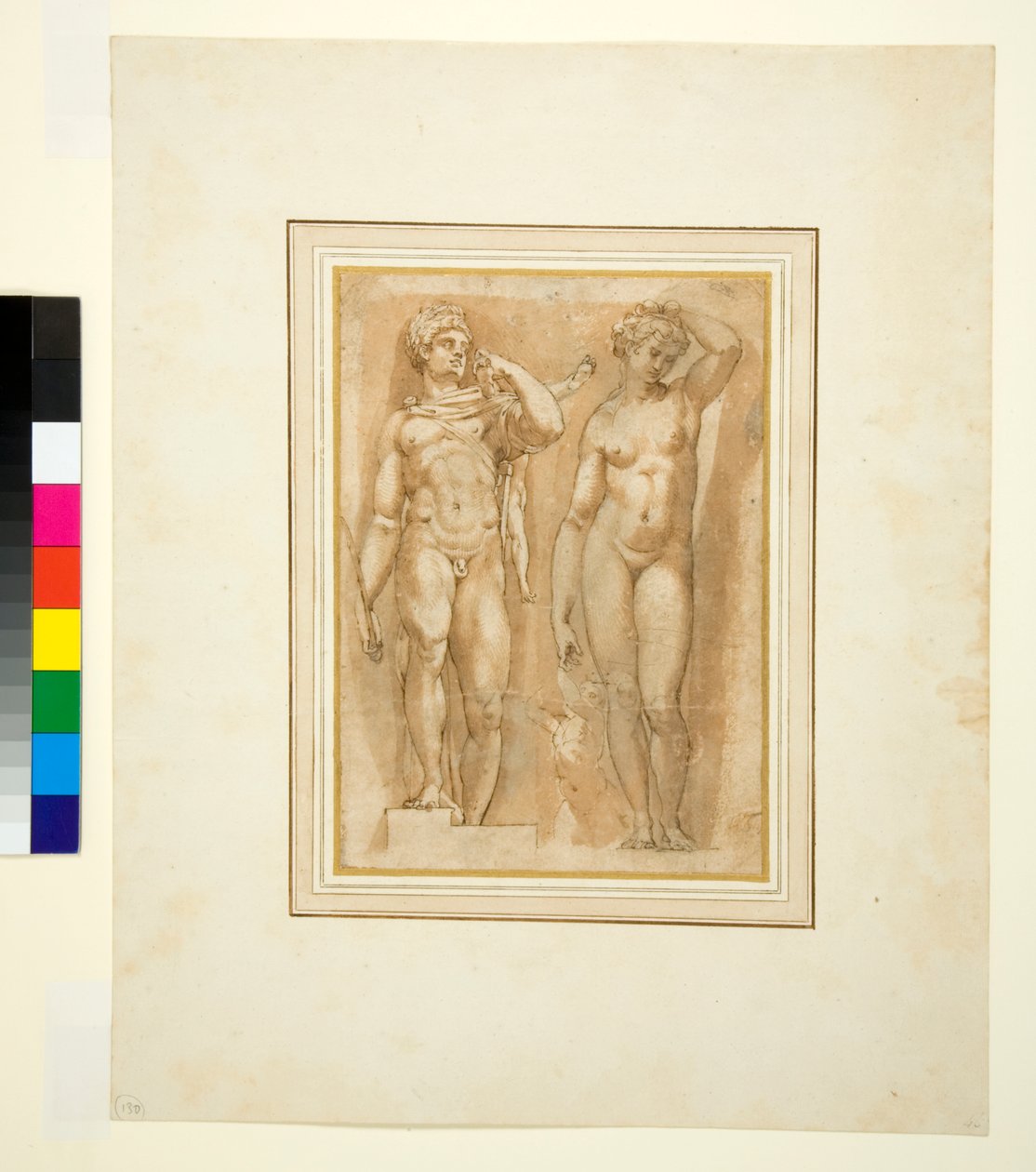 Duas divindades antigas, c.1600 (caneta e tinta marrom e lavagem marrom) de Italian School