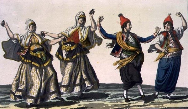 Duas dançarinas e dois bailarinos, placa 62 da Parte III, Volume I de "A História das Nações", gravada por V. Raineri (aquatint) de Italian School