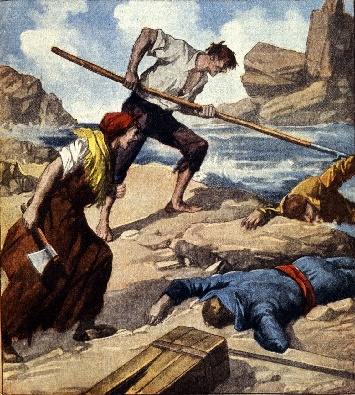 Dois náufragos (piratas) após atraírem o barco para o rochedo saquearam a tripulação. Ilustração italiana. de Italian School