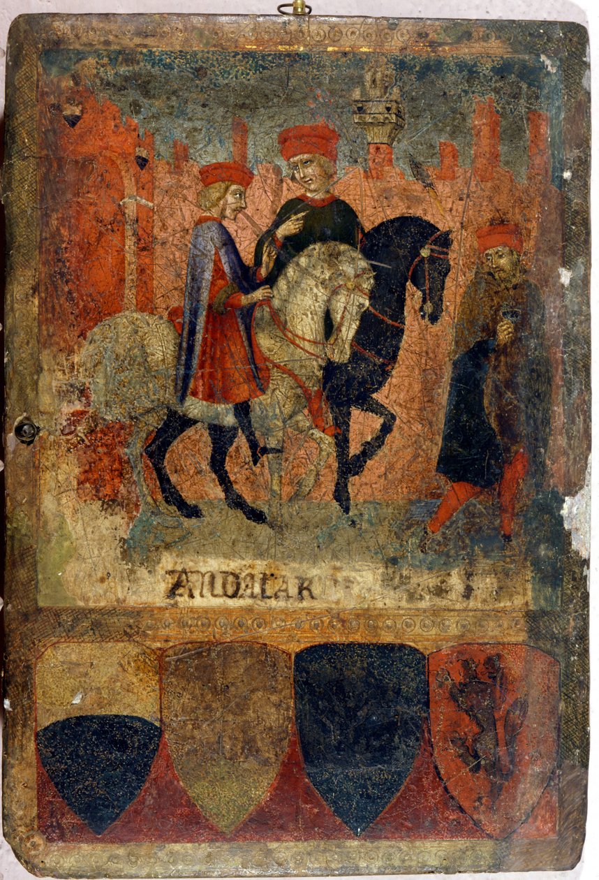 Dois inspectores fiscais. Biccherna (cobertura do registro contábil da cidade de Siena). Arquivo Nacional - Museo delle Tavolette de Bicherna, Siena. Final do século XIV - início do século XV. de Italian School