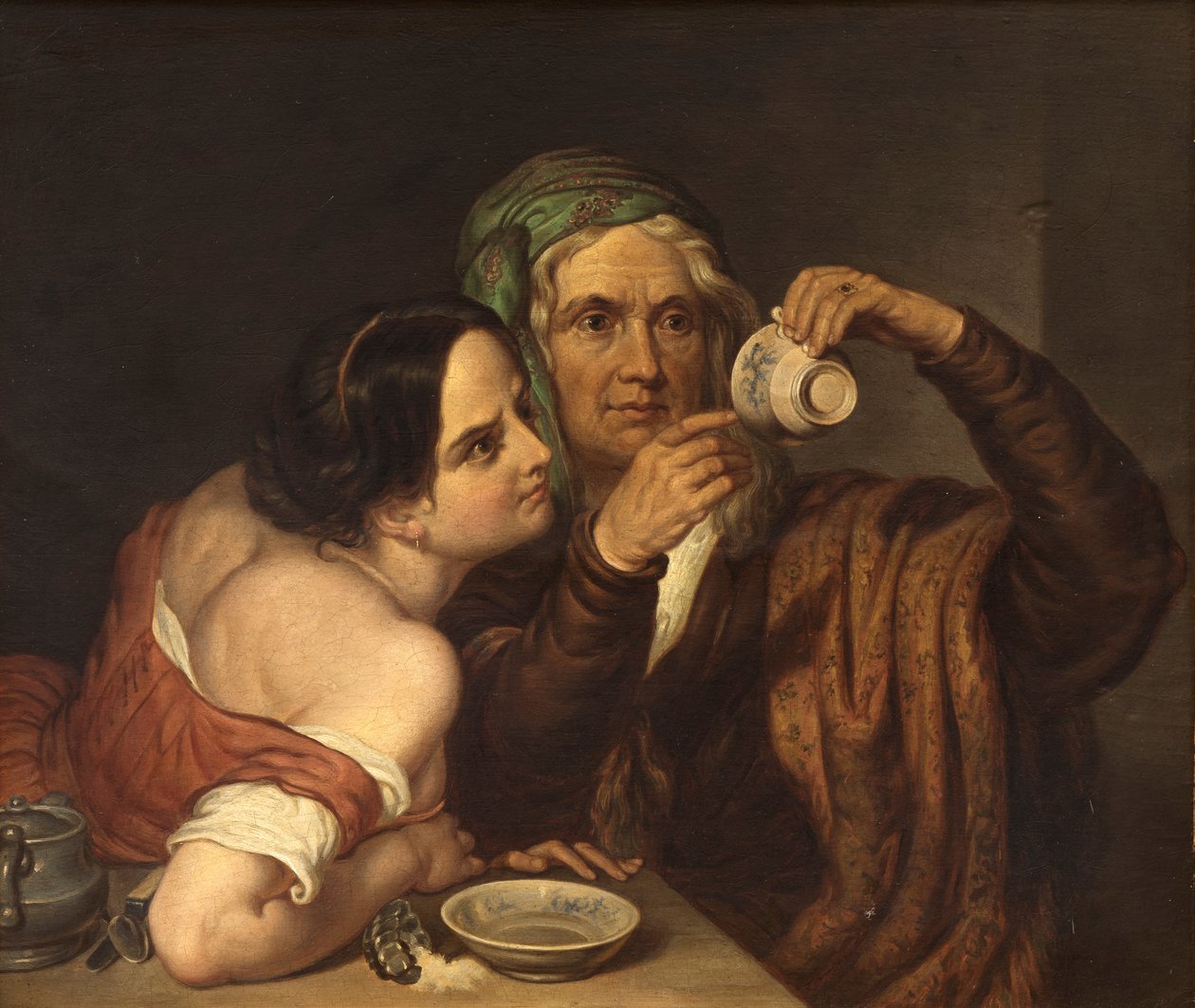 Duas mulheres com uma chávena (óleo sobre madeira) de Italian School