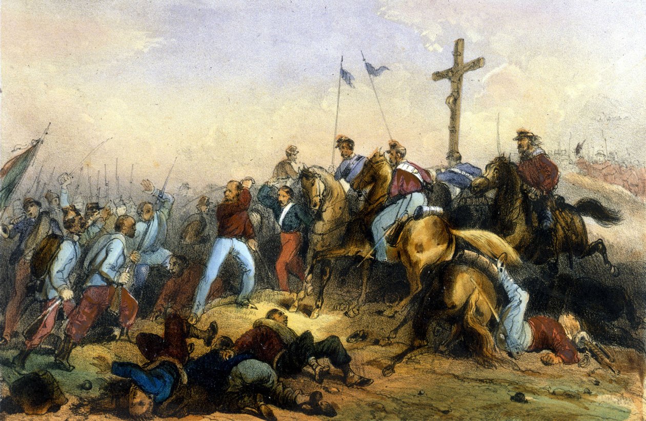 Unite de Itália: Batalha de Milazzo, na Sicília, a 20/07/1860. Os Mil Mil de Giuseppe Garibaldi derrotaram o François II. Litografia do final do século XIX. de Italian School