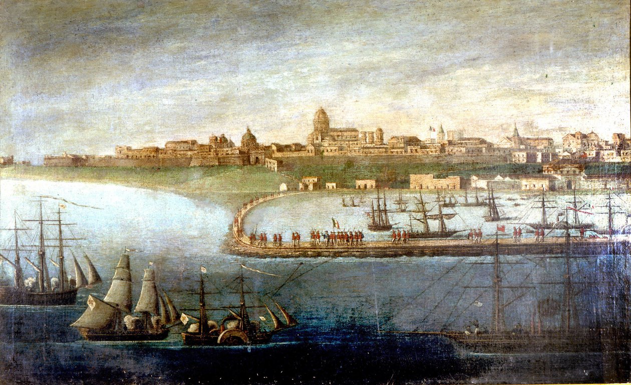 Unite of Italy: expedição das Mil ou Camisas Vermelhas liderada por Giuseppe Garibaldi (1807-1882). A casca da árvore em Marsala, Sicília. A pintura anónima. Museo del Risorgimento de Milão de Italian School