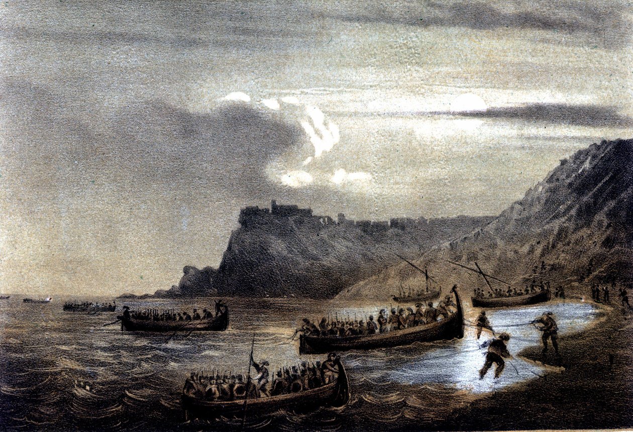 Unite of Italy: expedição das Mil ou Camisas Vermelhas liderada por Giuseppe Garibaldi (1807-1882). A partida da primeira frota de Garibaldi em direção à Calábria em Fort Stella. Litografia do século XIX de Italian School
